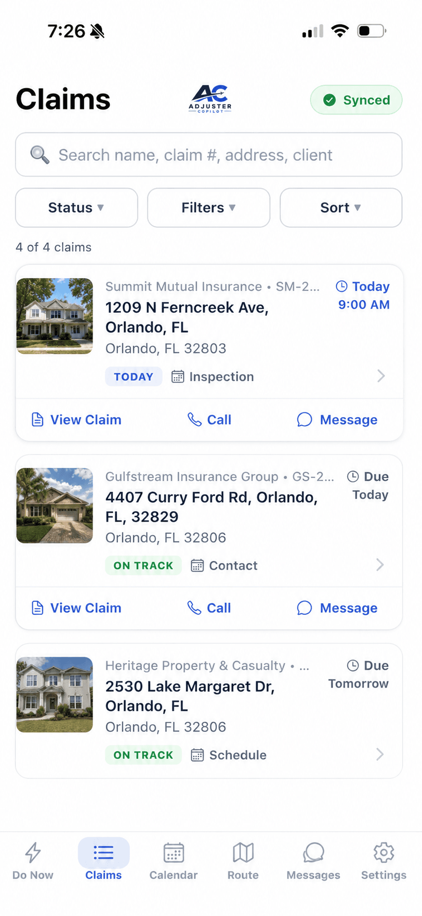 Adjuster Copilot — every claim in one organized, searchable list