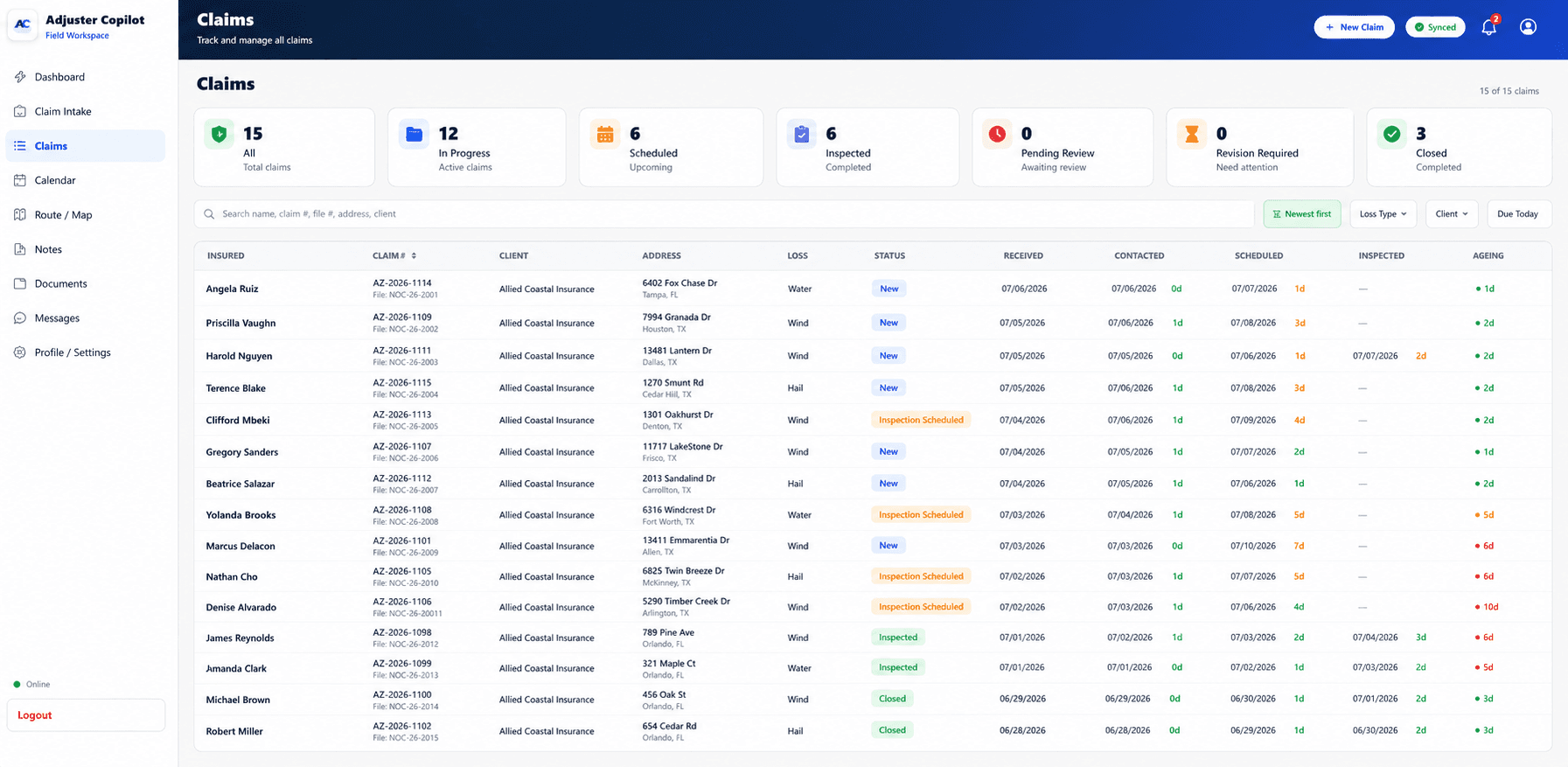 Adjuster Copilot desktop claims workspace — every assignment with pipeline status, inspection progress, and report state in one view
