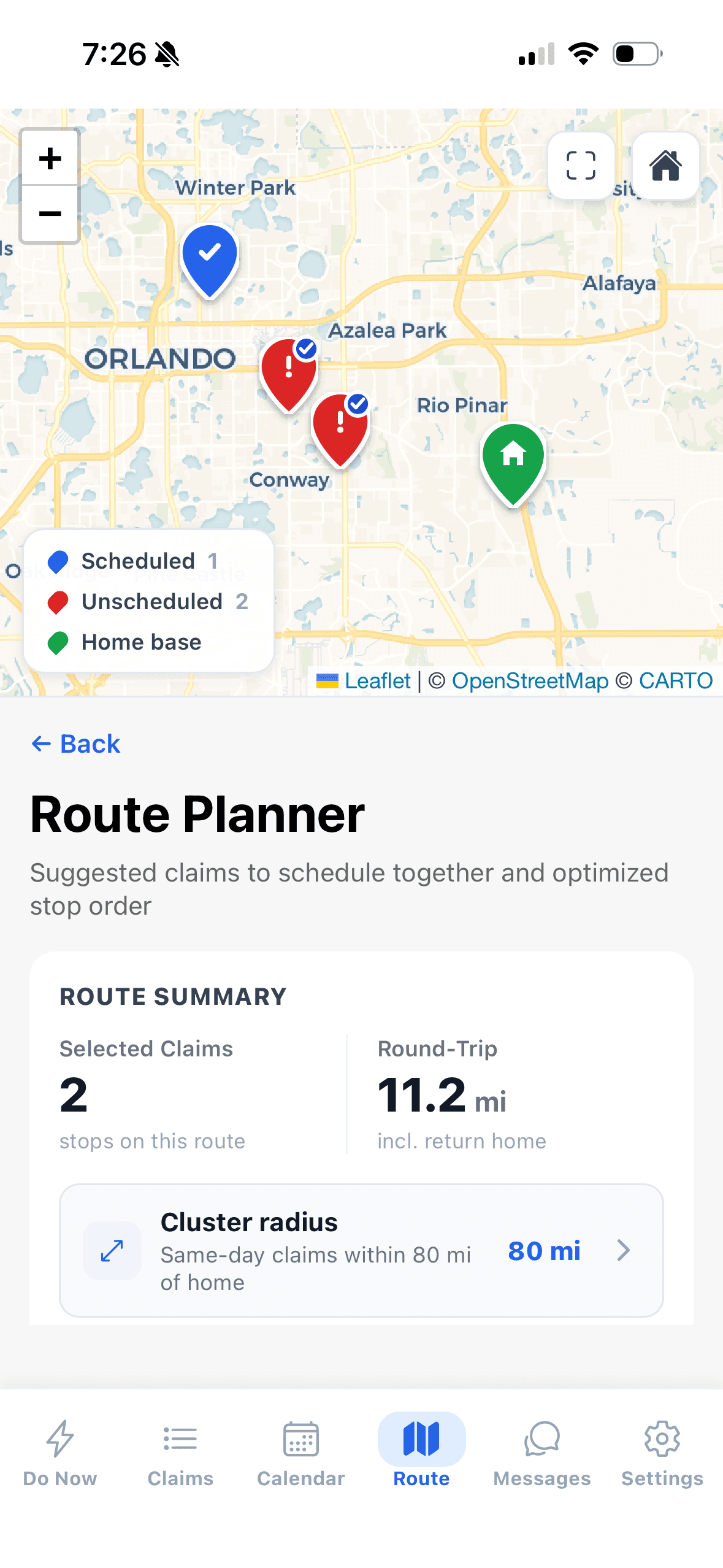 Adjuster Copilot — route planner map clustering nearby claims